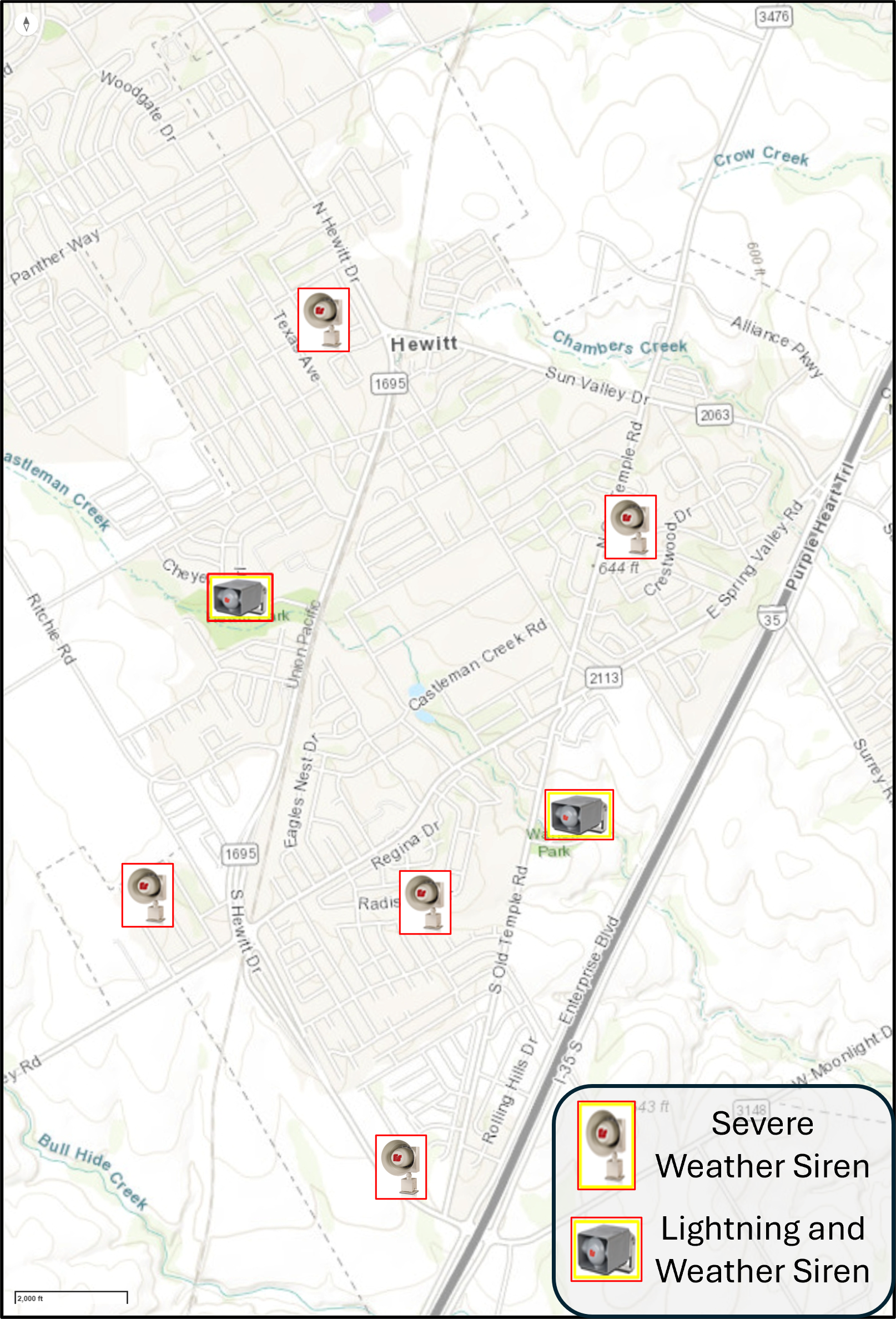 A map showing the locations of the outdoor warning sirens and lightning detection systems.